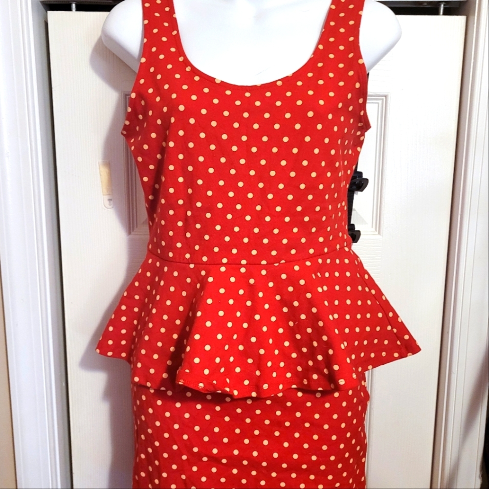 Red and yellow polkadot peplum dress
